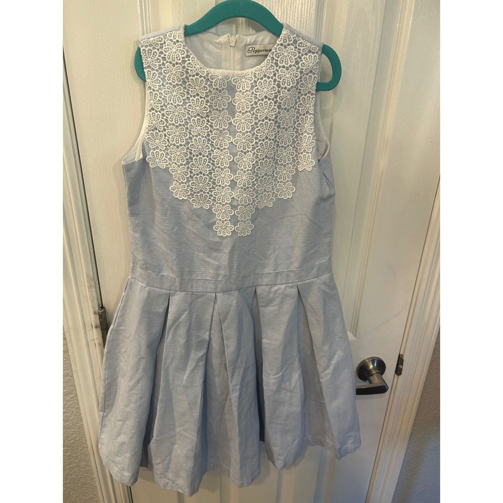 Peppermint Dress Blue White Herringbone Lace Bodice Pleated Skirt Girls 12